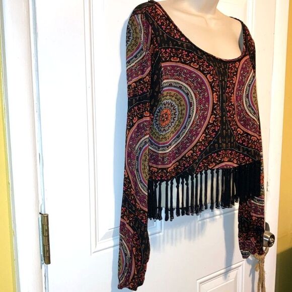 GYPSY WARRIOR Fringe Boho Mandala Black Burgundy Crop Top Blouse Large - Picture 5 of 10